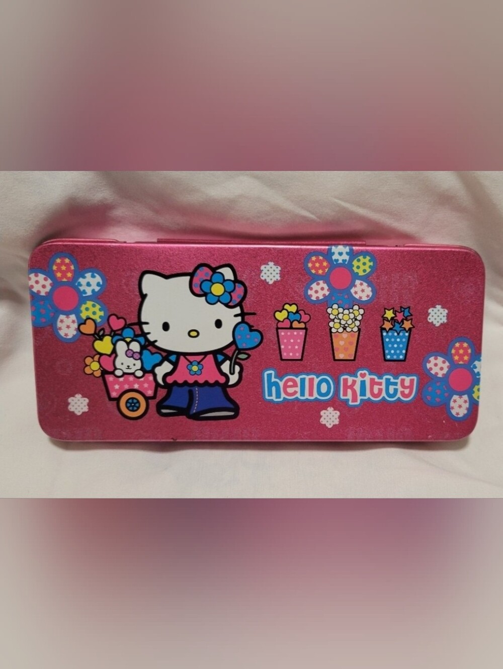 Hello Kitty Pink Floral Glitter Pencil Tin Case Retro Vintage Sanrio
